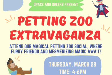 yellow flyer with title "Petting Zoo Extravaganza" on Thursday, March 28th from 4-6PM.