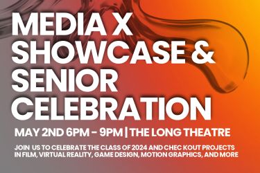 Media X showcase and Senior Celebration poster with orangr and yellow hue background and 3D shape for design. 