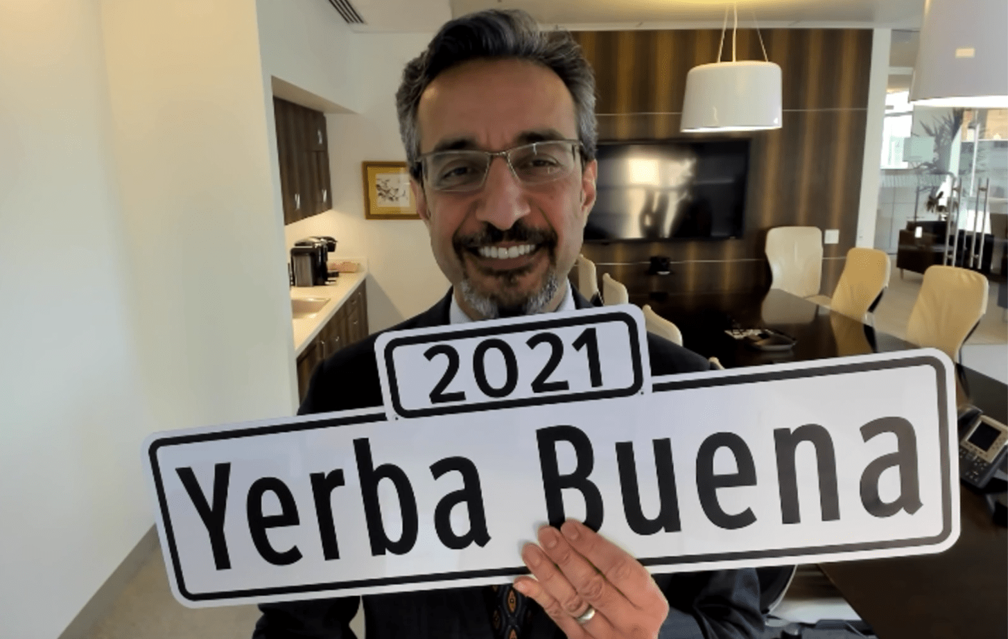Dean Nadershahi holding 2021 Yerba Buena sign